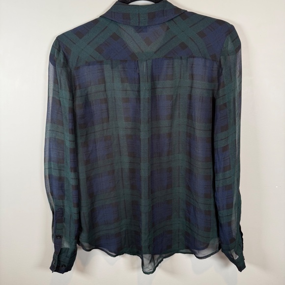 Lord & Taylor Sheer Green & Navy Plaid Long Sleeve Blouse Size Petite S - Picture 5 of 6